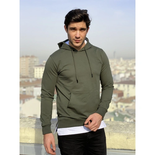 Mickey Erkek Haki Yeşil Kapşonlu Sweatshirt