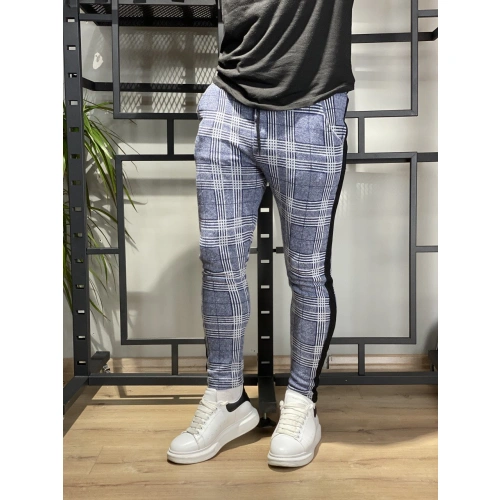 Shaun Erkek Mavi Jogger Kareli Pantolon