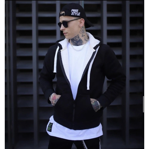 Siyah Kapüşonlu Polar Erkek