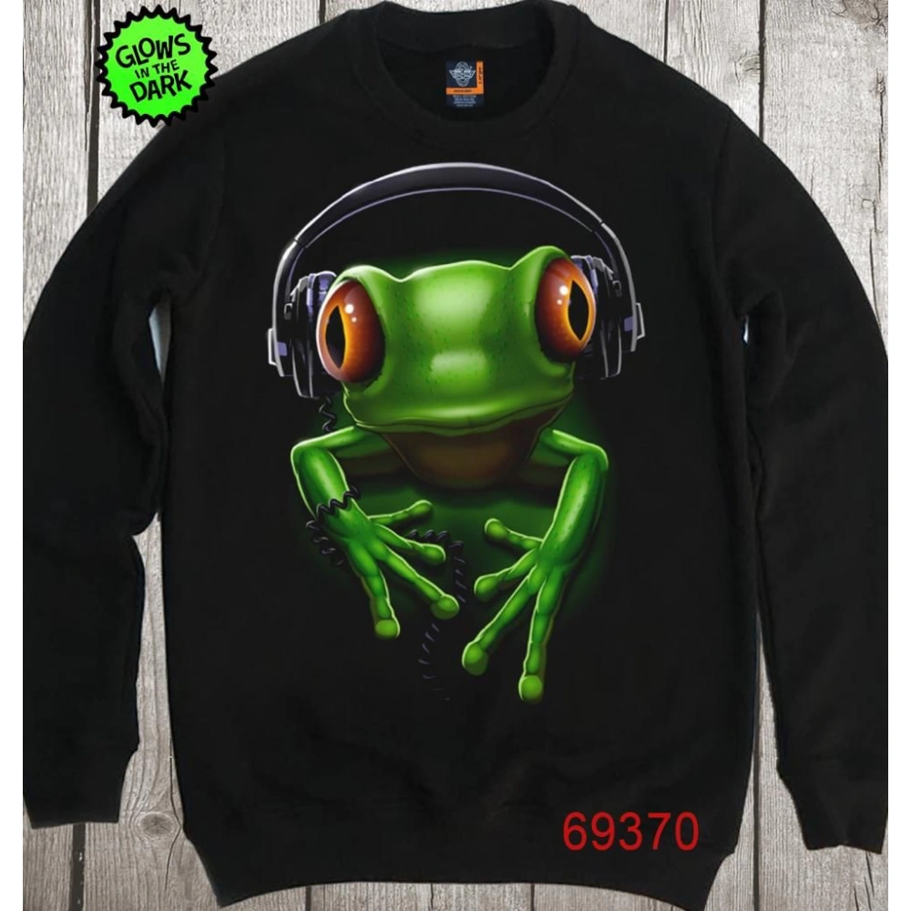 Yeşil Kurbağa Baskılı Siyah Erkek Sweatshirt