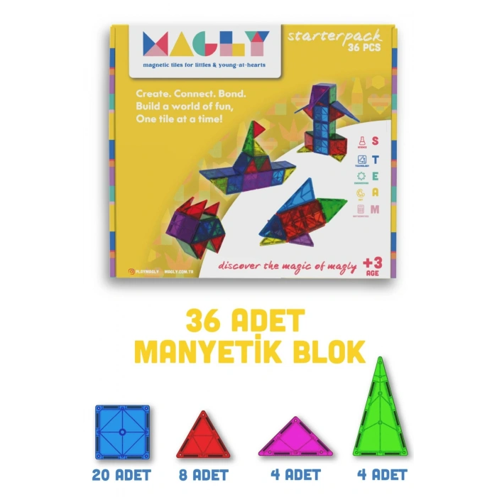 Manyetik Yapı Blokları – Çocuklar Için Renkli 3 Boyutlu 36 Parça Manyetik Karo Oyun Seti
