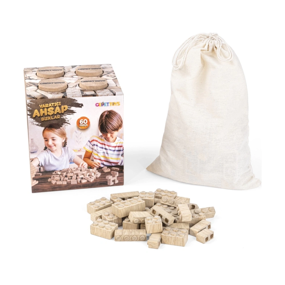 Ahşap Yapı Blokları Organik 60 Parça Eğitici Yapı Blokları Ahşap Saklama Kutulu ve Keseli