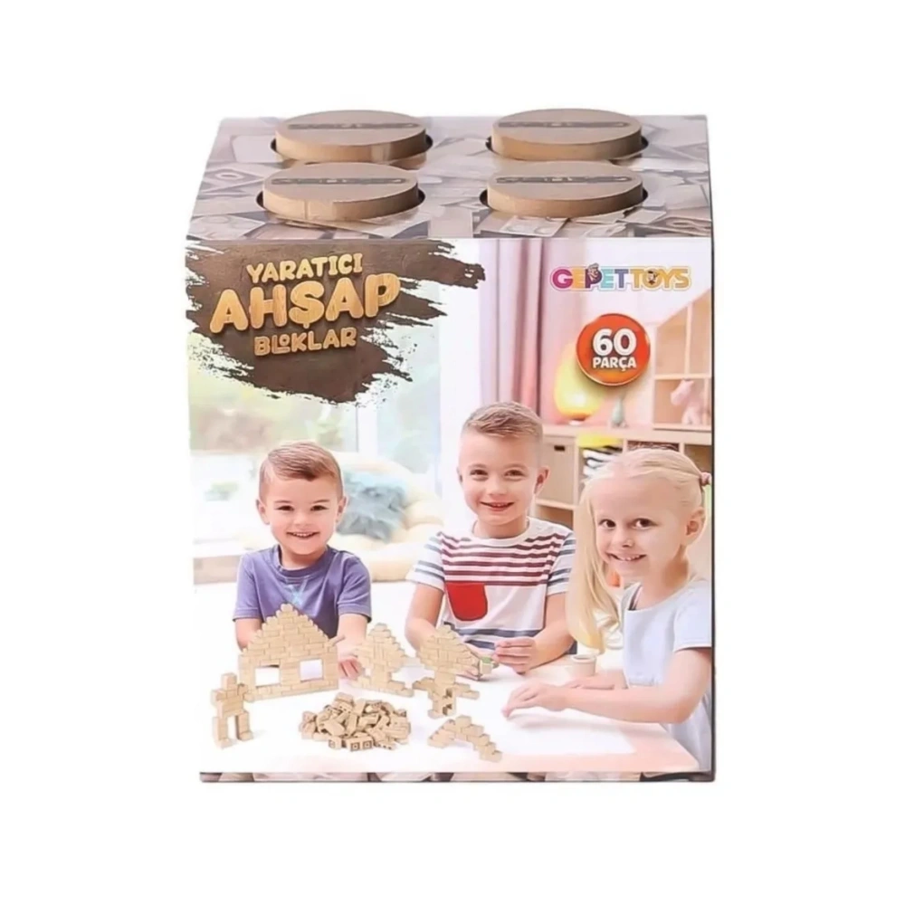 Ahşap Yapı Blokları Organik 60 Parça Eğitici Yapı Blokları Ahşap Saklama Kutulu ve Keseli