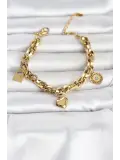 316L Çelik Gold Renk Charmlı Kalın Burgu Model Kadın Bileklik