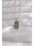 316L Çelik Gold Renk Mavi Mineli El Figür Tarot Kolye