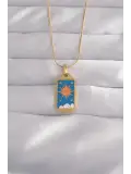 316L Çelik Gold Renk Mavi Mineli Güneş Model Tarot Kolye