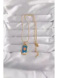 316L Çelik Gold Renk Mavi Mineli Güneş Model Tarot Kolye