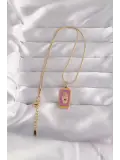 316L Çelik Gold Renk Mor Mineli El Figür Tarot Kolye