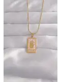 316L Çelik Gold Renk Pembe Mineli El Figür Tarot Kolye