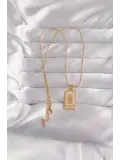 316L Çelik Gold Renk Pembe Mineli El Figür Tarot Kolye