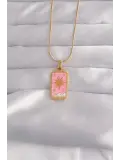 316L Çelik Gold Renk Pembe Mineli Güneş Model Tarot Kolye