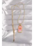 316L Çelik Gold Renk Pembe Mineli Güneş Model Tarot Kolye