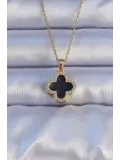316L Çelik Gold Renk Siyah Mineli Zirkon Taşlı Yonca Figürlü Kolye