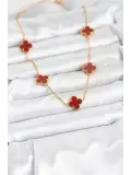 316L Çelik Gold Renk Zincir Bordo Yonca Kadın Kolye