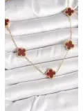 316L Çelik Gold Renk Zincir Bordo Yonca Model Kadın Kolye
