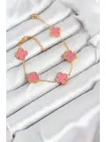 316L Çelik Gold Zincir Pembe Yonca Renk Bileklik
