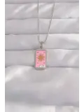 316L Çelik Gümüş Renk Pembe Mineli Güneş Model Tarot Kolye