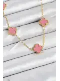 316L Çelik Zincir Gold Pembe Renk Yonca Kadın Kolye
