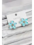 Buz Mavisi Renk Kristal Taşlı Çiçek Model Kadın Küpe