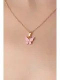 Gold Pembe Renk Kelebek Figür Kadın Kolye