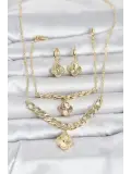 Gold Renk Pirinç Kolye Bileklik ve Küpe Seti
