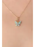 Gold Renk Su Yeşili Kelebek Figür Kadın Kolye