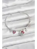 Gül Charmlı Gümüş Renk Pirinç Kadın Bileklik