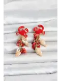 Kırmızı Yengeç Model Deniz Kabuğu Detaylı Kadın Küpe