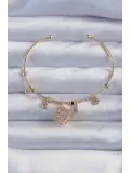 Pirinç Altın Renk Zirkon Taşlı Yonca Model Charm Bileklik