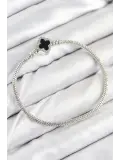 Pirinç Charm Zirkon Taşlı Yonca Model Gümüş Renk Kadın Bileklik