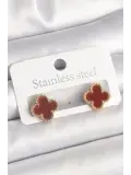 Pirinç Gold Renk Bordo Yonca Model Kadın Küpe