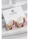 Pirinç Gold Renk Halka Mor Çiçek Mineli Kadın Küpe