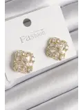 Pirinç Gold Renk Zirkon Taşlı Yonca Model Kadın Küpe