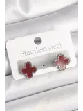 Pirinç Gümüş Renk Bordo Yonca Model Kadın Küpe