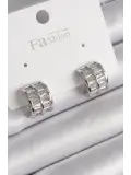 Pirinç Gümüş Renk Çift Sıra Zirkon Taşlı Kadın Küpe