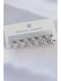 Pirinç Gümüş Renk Minimal Tırtıklı Küpe Seti