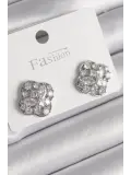 Pirinç Gümüş Renk Zirkon Taşlı Yonca Model Kadın Küpe