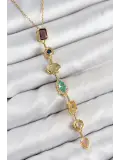 Pirinç Renkli Zirkon Taşlı Model Gold Renk 7 Element Kadın Y Kolye