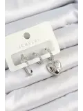 Pirinç Zirkon Taşlı Kalp Model Gümüş Renk 3lü Çift Kadın Küpe Set