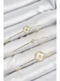 Pirinç Zirkon Taşlı Yonca Model Gold Renk Vip 3lü Kadın Bileklik