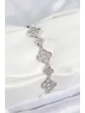 Pirinç Zirkon Taşlı Yonca Model Gümüş Renk VIP Seri Kadın Bileklik