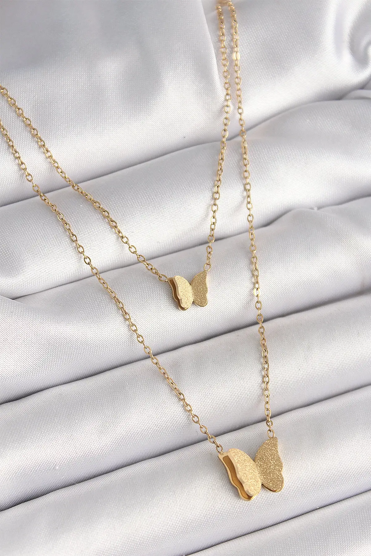 316L Çelik Gold Renk 2Li Simli Kelebek Model Kadın Kolye