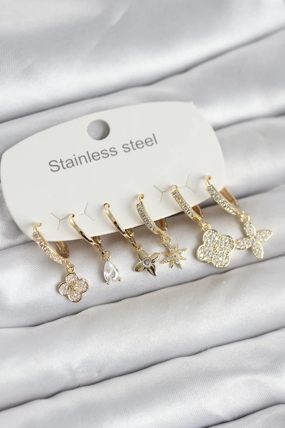 316L Çelik Gold Renk 6lı Set Yonca Model Kadın Küpe