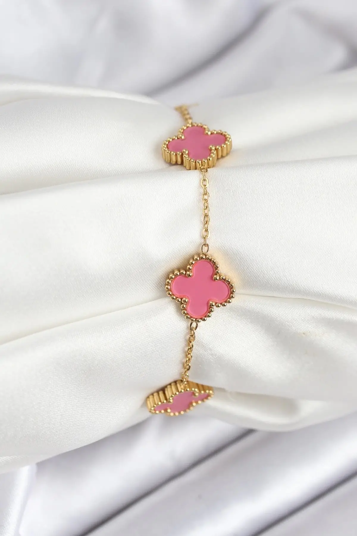 316L Çelik Gold Zincir Pembe Yonca Renk Bileklik