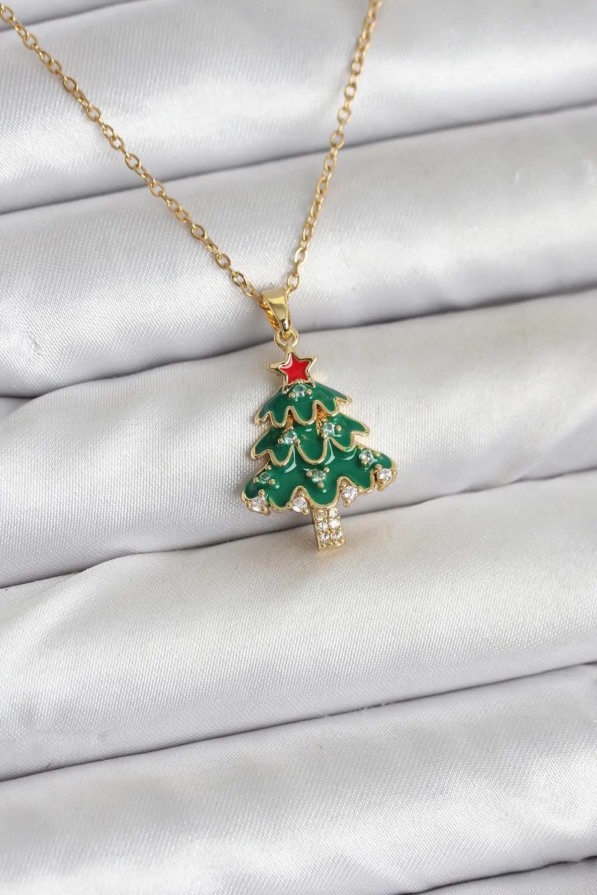 316L Çelik Zincir Gold Renk Çam Ağacı Model Yılbaşı Temalı Kadın Kolye