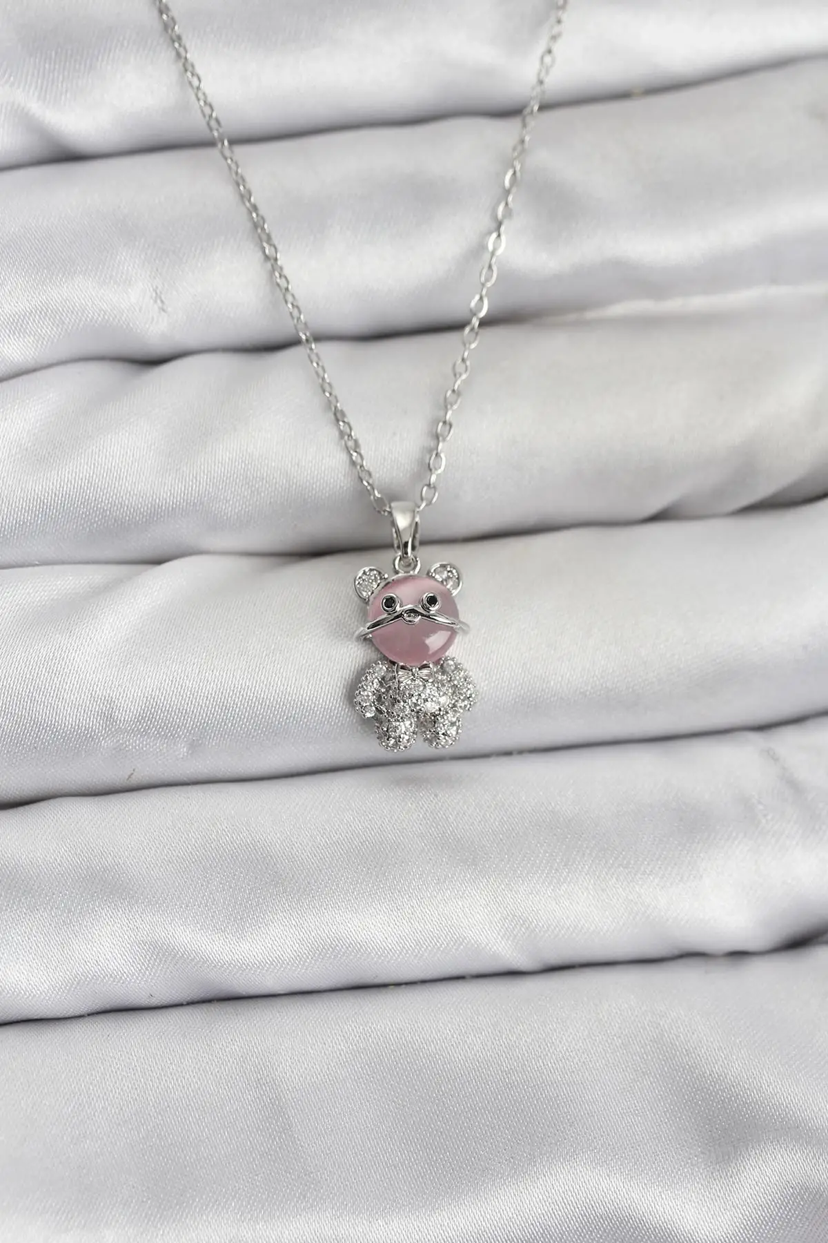 316L Çelik Zincir Gümüş Renk Teddy Bear Model Zirkon Taşlı Kadın Kolye