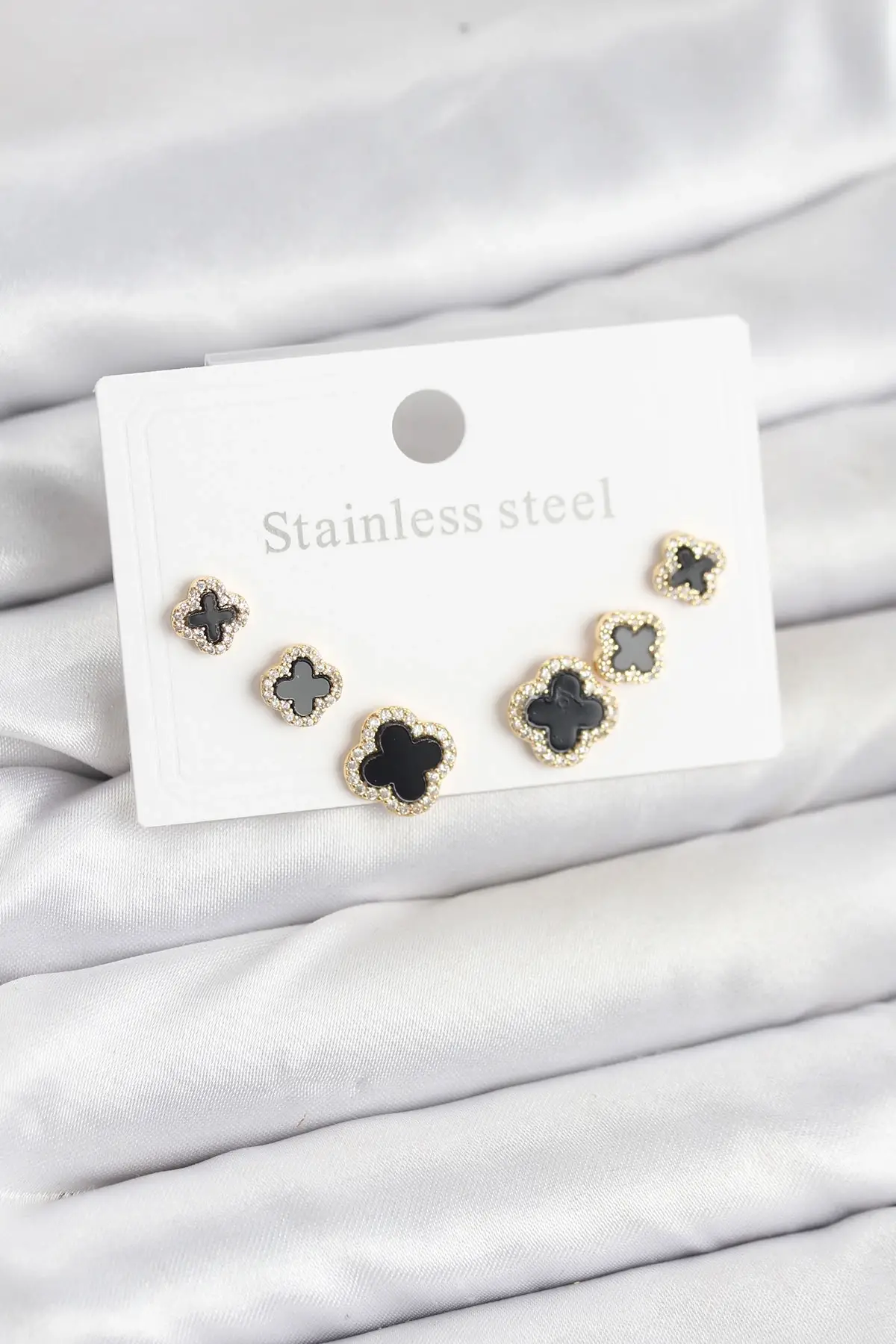 316L Çelik Zirkon Taşlı Yonca Model Kadın Küpe Seti