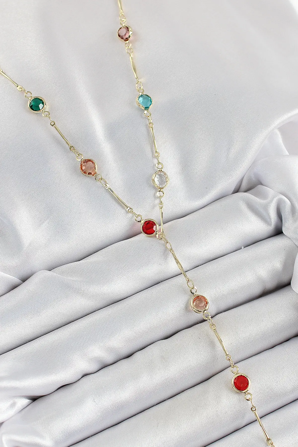 Pirinç Asorti Model Gold Renk Zirkon Taşlı Y Kolye