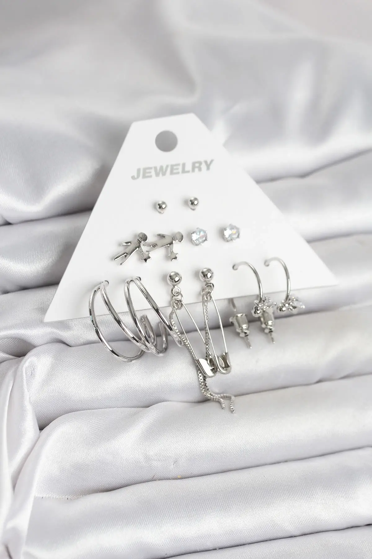 Pirinç Gümüş Renk 6lı Kadın Küpe Seti