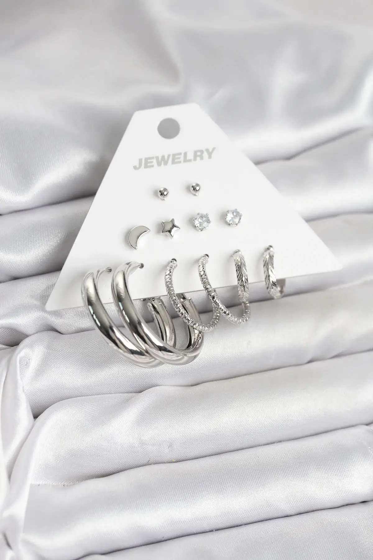 Pirinç Gümüş Renk Halka Modelli 6 Çift Kadın Küpe